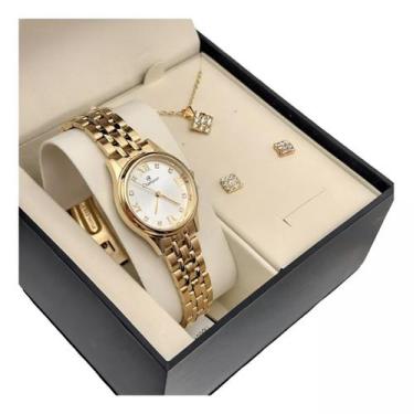 Imagem de Kit Relógio Champion Feminino Original Com Colar e Brincos Dourados co