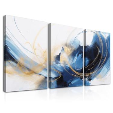 Imagem de Dazzlewall Pôster de parede abstrato emoldurado moderno azul preto dourado para decoração de quarto sala de estar 30 x 40 cm conjunto de 3