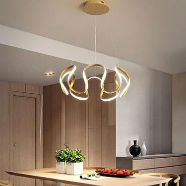 Imagem de Luminária pendente LED para mesa de jantar, com intensidade regulável, 6 anéis giratórios, controle remoto, design elegante em alumínio dourado, lustre com altura ajustável (dourado)
