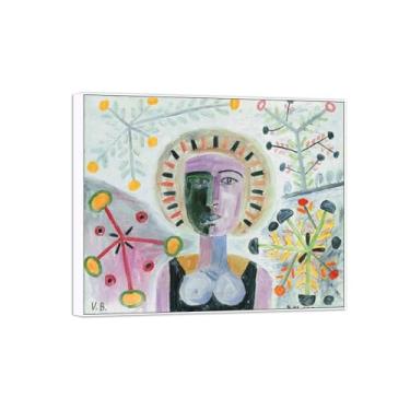 Imagem de Victor Brauner famosa pintura em tela de arte de parede pronta para pendurar - retrato com flores - imagem em moldura branca para decoração de sala de estar 70 x 85 cm 27 x 33 pol