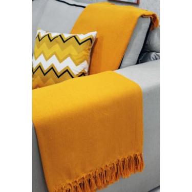 Imagem de Manta Para Sofá Gigante 100% Algodão Artesanal | Cobertura Decorativa para Sofá ou Cama, Franja Feita à Mão, Charme e Conforto(Amarelo)