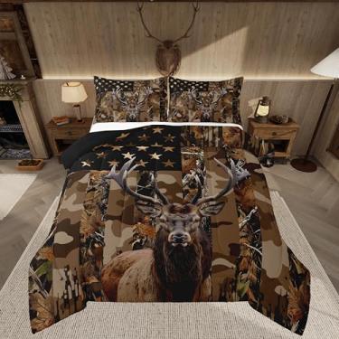 Imagem de jejeloiu Conjunto de edredom de camuflagem de caça de veado, tamanho casal, bandeira americana, casa de fazenda ocidental, edredom para crianças, meninos, meninas, decoração de vida selvagem