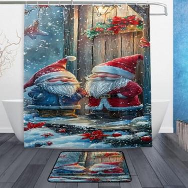 Imagem de xigua Gnomos de Natal fofos conjuntos de tapetes de cortina de banho 2 peças, conjunto de tema de banheiro (152 x 182 cm) com cortina de chuveiro e tapete antiderrapante -12 ganchos457