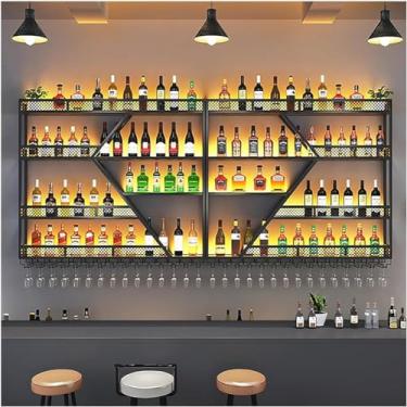 Imagem de Rack de bar grande montado na parede de 4 camadas com luzes LED e suporte para copo de vinho - Prateleira de exibição moderna de garrafa de licor de metal para bar doméstico, cozinha, restaurante