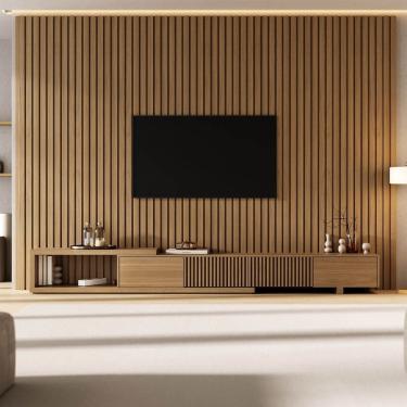 Imagem de Rack Extensível Ripado C/ Painel Ripado P/ Tv 86 Polegadas 320x230cm Aruá Cabecasa Madeiraoriginals Jatoba