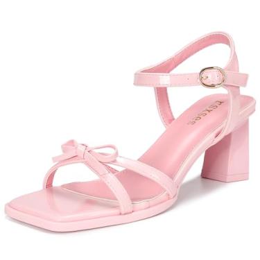 Imagem de Rsxese Sandália feminina de salto com laço, salto grosso, tira no tornozelo, fivela, bico aberto, vestido de noiva e festa de casamento, rosa, 40