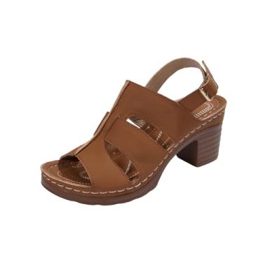 Imagem de Sandálias femininas de uma tira com bico redondo e salto grosso, um design versátil para conforto casual, Marrom, 36