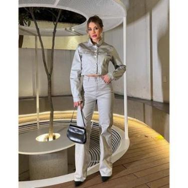 Imagem de Calça Sarja Resinada Wide Leg Feminina Cintura Alta Color 22752-Feminino