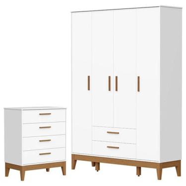 Imagem de Guarda Roupa Infantil Flip 4 Portas Com Cômoda Gaveteiro Infantil Flip Branco Acetinado - Reller