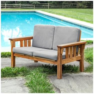 Imagem de Sofá de dois lugares infantil externo Martha Stewart Kids em madeira acácia natural com almofadas cinza 91cm