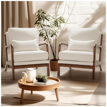 Imagem de Cadeiras decorativas FLEXISPOT AC1 kit com 2 poltronas em veludo cotelê branco, estrutura em madeira maciça, estilo mid-century para sala