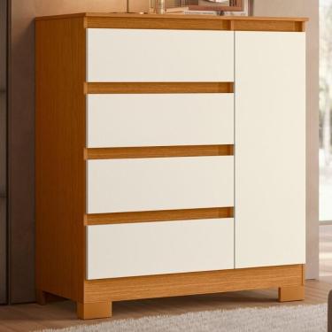 Imagem de Cômoda Buffet 4 Gavetas Quarto Sala Pés Retrô Luxo Cinamomo Mel Off White