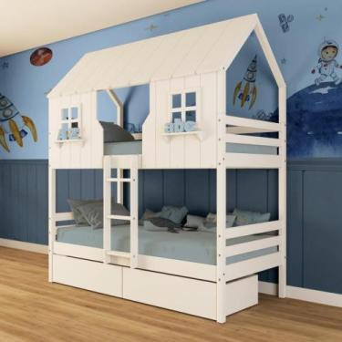 Imagem de Beliche Casinha Encantada Com 02 Gavetas Madeira Maciça Branco Megamob