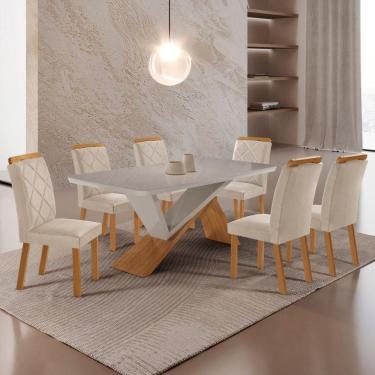 Imagem de Mesa De Jantar Yasmin 180 Tampo Com Vidro 6 Cadeiras Melissa Veludo Creme /nat/off/serig. Off