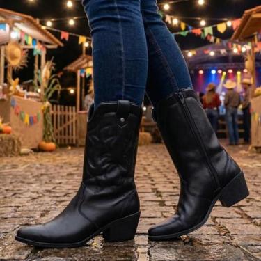 Imagem de Bota Texana Feminina Western Bordado Cano Longo Salto Grosso - LAZZLU,