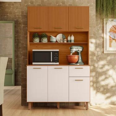 Imagem de Cozinha Compacta New Livia 6 Portas 1 Gaveta MDF 110cm Off White e Freijó Ripado com Nicho