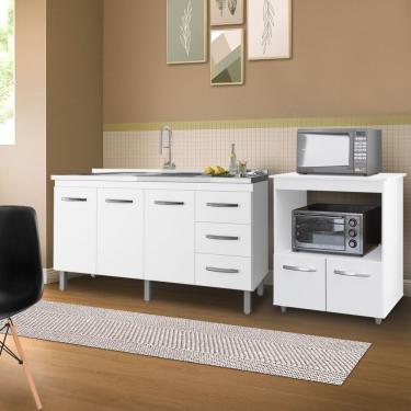 Imagem de Kit Balcão Carina Para Pia 140cm E Balcão Multiuso Angela Para Microondas - Branco
