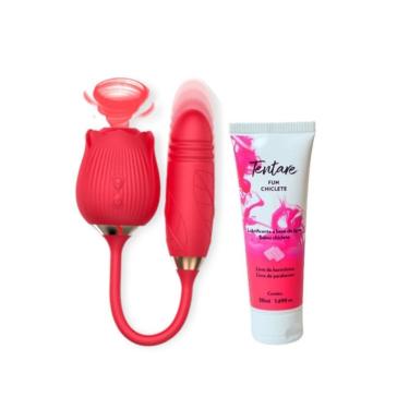 Imagem de Kit Vibrador de Clitóris e Ponto g + Lubrificante Fun Chiclete em Silicone Rosa com 10 Modos de Sucção e Vibração