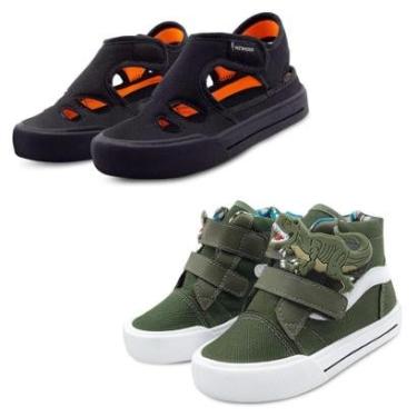 Imagem de Kit 2 Pares Sandália Papete Infantil Masculina Preta E Tênis Dinossauro Rex Verde Gatat...