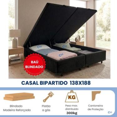 Imagem de Cama Box Baú Casal 138x188 Bipartida Blindada Suede  Ideal para Aparta