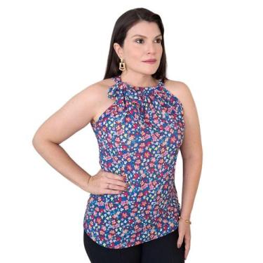 Imagem de Blusa Feminina Gola Alta Laço Amarração Regata Malha Estampada - MADAL