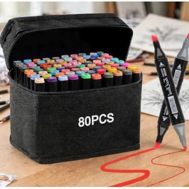 Imagem de Kit de 80 Canetas Marcador Permanente Ponta Dupla Coloridas para Desenho Profissional Escolar Infantil com Estojo Organizador Base Artista Canetinhas Hidrográficas Alcool Caneta para Colorir