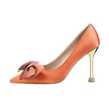 Imagem de Sandálias femininas de salto alto bico fino, sapatos de salto alto, laço de casamento, gravata borboleta, vestido de sandália, laranja-7,5