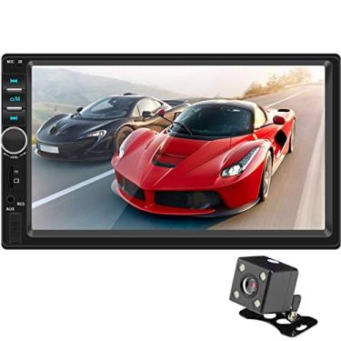 Imagem de Rádio estéreo de carro duplo din com tela sensível ao toque de 7 polegadas bluetooth handsfree link espelho usb sd fm receptor de áudio com câmera de visão traseira controle remoto sem fio