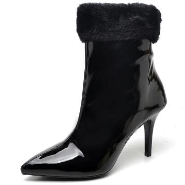 Imagem de Bota Cano Curto Ellas Online Verniz Bico Fino com Salto Medio e Detalhe Pelo