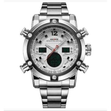 Imagem de Relógio masculino weide prata branco inox digital analógico anadigi 5205 inox