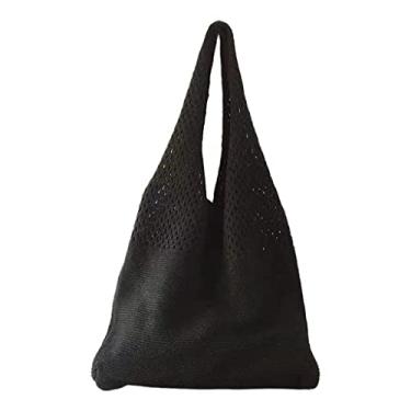 Imagem de Woven Fashion Bolsa de verão Bolsa de tecido oco Carteira de malha artesanal para festa de férias - Preta, Preto