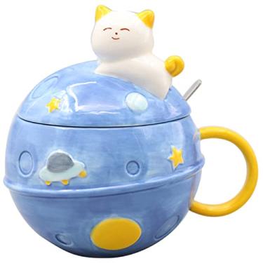 Imagem de Caneca princesa com tampa Caneca 3D Caneca de cerâmica Caneca de leite Desenho animado Infantil Copo de chá Presente Escritório Casa (azul espaço para gato, 450 ml)