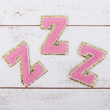 Imagem de Pacote com 3 adesivos de Chenille Iron On Glitter Varsity Letter "Z" - Tecido de chenille rosa com acabamento dourado - Costurar ou passar - 5,5 cm de altura
