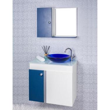 Imagem de Gabinete Para Banheiro Branco E Azul Com Cuba Azul E Armario Com Espel