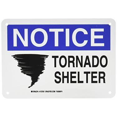 Imagem de Brady Placa de segurança contra incêndio 127351, lenda "Tornado Shelter", altura de 17,78 cm, largura de 25,40 cm, preto e azul sobre branco