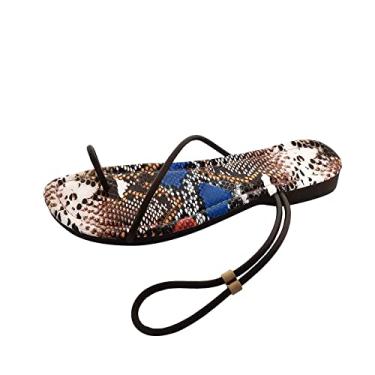 Imagem de Sandálias de couro de pele de cobra para mulheres elegantes verão moda feminina verão dedo aberto tira fina sandálias de praia planas (café, 8,5)