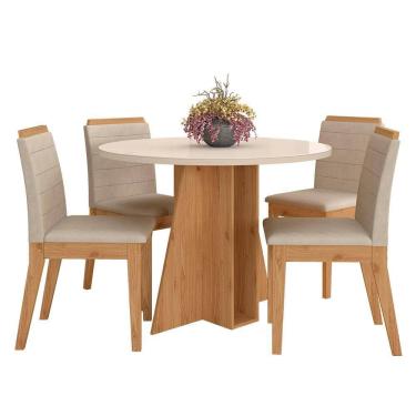 Imagem de Mesa Redonda Com Vidro 4 Cadeiras Bélgica Cinamom/off Premi/bege - M.a