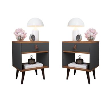 Imagem de Kit 2 Mesas de Cabeceira Mesinha Para Quarto 1 Gaveta Puxador em Couro Ravenna - Cinza com Freijó