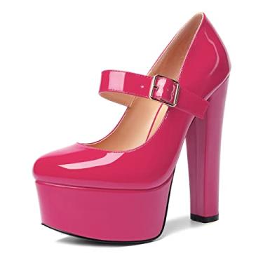 Imagem de WAYDERNS Sapato feminino de salto alto com fivela de casamento bico redondo patenteado tira ajustável vestido plataforma bloco de salto alto 15 cm, Magenta, 10