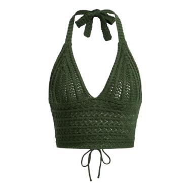 Imagem de SOLY HUX Top cropped feminino de crochê frente única verão sexy tricotado decote em V sem mangas camiseta Y2K Top, Verde-militar sólido, M