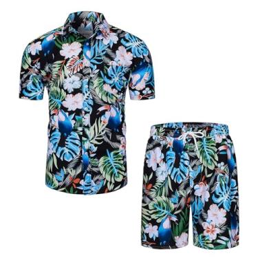 Imagem de MANTORS Conjunto masculino floral havaiano de 2 peças de camisa de manga curta com botão e shorts, Azul marinho007, G