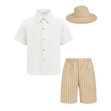 Imagem de Arshiner Conjuntos curtos de algodão e linho para meninos, camisa de manga curta e shorts com chapéu balde roupas de praia de verão, Branco - listrado cáqui, 6