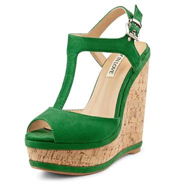 Imagem de JOY IN LOVE Sandália anabela feminina plataforma fivela sapatos, Camurça verde feita à mão, 5.5