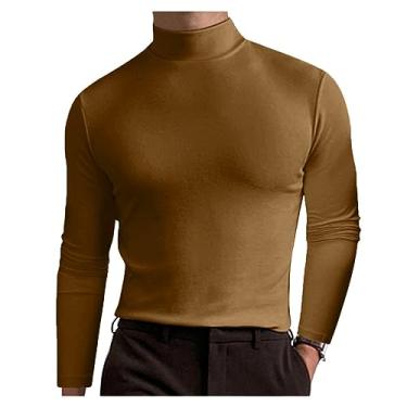 Imagem de Camisetas masculinas de manga comprida slim fit gola rolê camisas polo secagem rápida absorção de suor ao ar livre Henley, Marrom-claro, XG