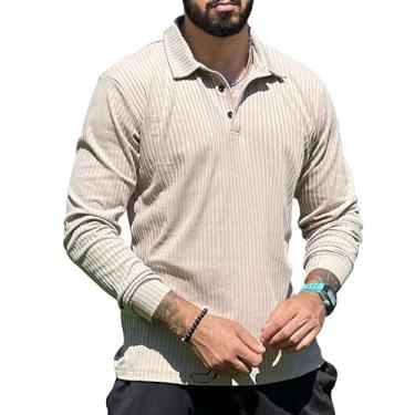 Imagem de BAFlo Camisa polo masculina de lapela casual de manga comprida com lapela, Cáqui claro, M
