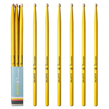 Imagem de 6 varas/3 pares de baquetas 5A de cor amarela, baquetas clássicas de 5A, baquetas de nogueira com pontas de bolota, para bateria acústica ou eletrônica, baqueta Bluefire, peso correspondente. Presente