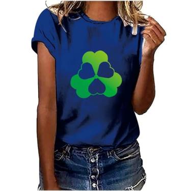 Imagem de Camiseta feminina com estampa de trevo do dia de São Patrício, estampa da bandeira americana, túnica verde, camisetas básicas de verão, Azul, GG