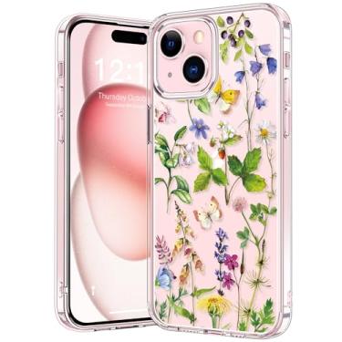 Imagem de bicol Capa projetada para iPhone 15 Plus, capa transparente com designs modernos para meninas e mulheres, capa protetora para telefone de acrílico à prova de choque de ajuste fino 6,7 polegadas, flores de borboleta