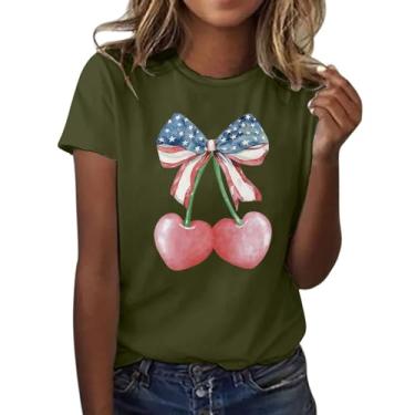Imagem de PKDong Camiseta feminina 4 de julho coração cereja laço estampado camiseta manga curta gola redonda camiseta plus size para mulheres, Verde escuro, G