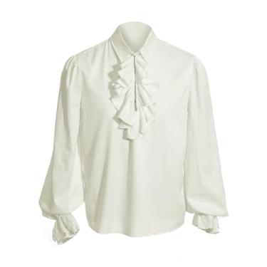 Imagem de Heyigrow Camisetas masculinas de pirata, manga comprida, renda com babados, cosplay de vampiro, fantasia medieval vitoriana de poliéster, Branco, GG